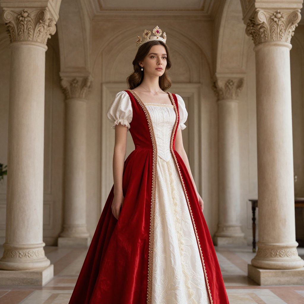 Elegant Medieval-Inspired Woman in Red and White Regal Gown with Jeweled Crown
