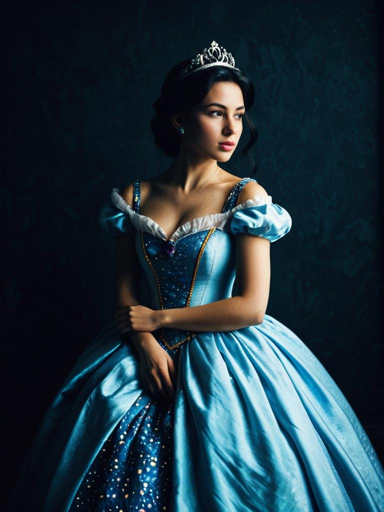 Dramatic Editorial Photo of Woman in Disney Princess Blue Dress
