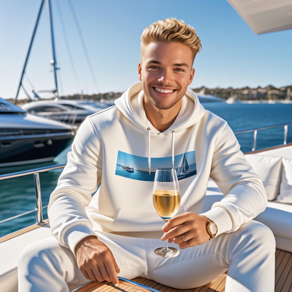 Cheerful young man on a luxurious yacht with champagne