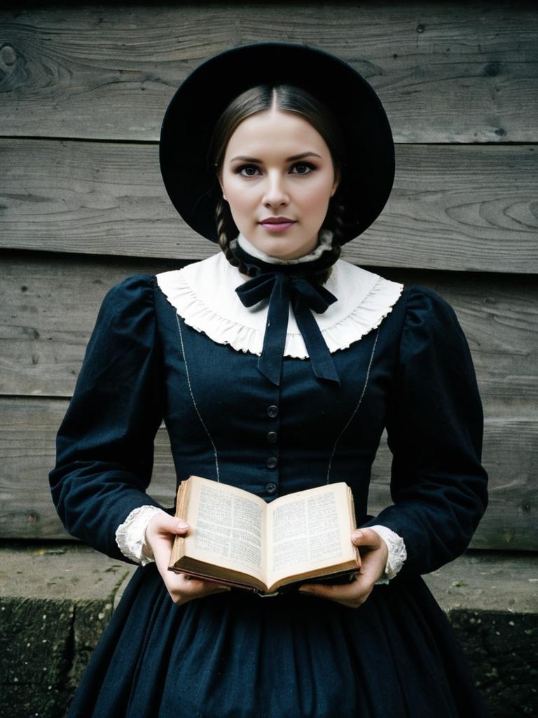 Woman in Vintage Black Dress Holding Open Book Near Wooden Wall