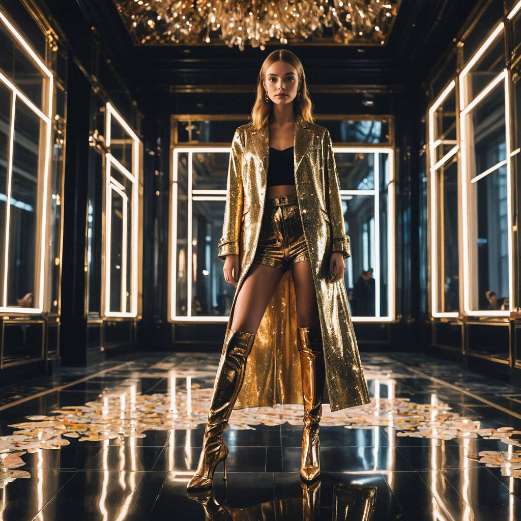 Confident Woman in Gold Outfit in Luxurious Hallway