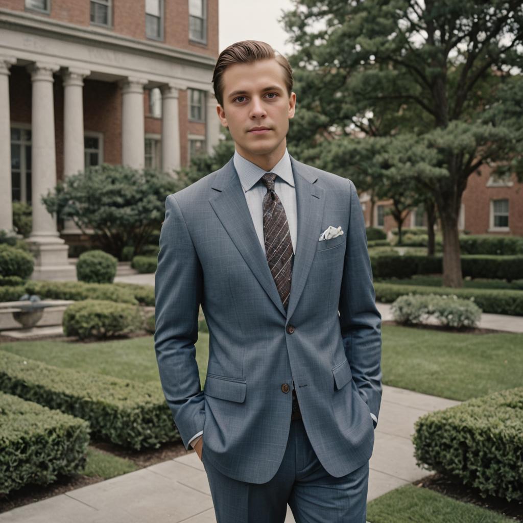 Stylish Man in Tailored Blue Suit in Elegant Outdoor Setting