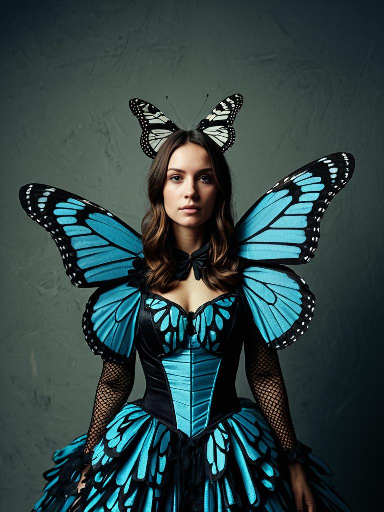 Photorealistic Woman in Blue Butterfly Costume Studio Portrait
