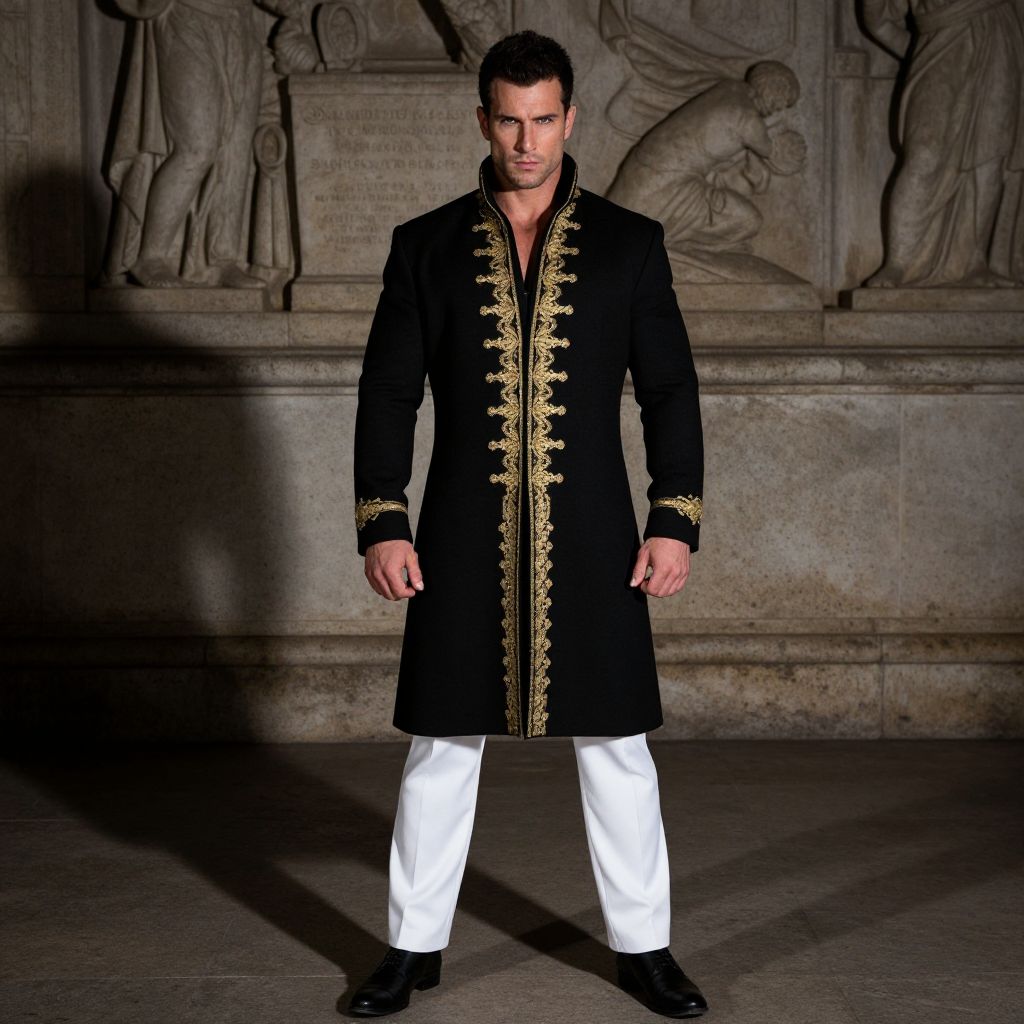 Man in Embroidered Black Coat with White Pants in Classic Architecture