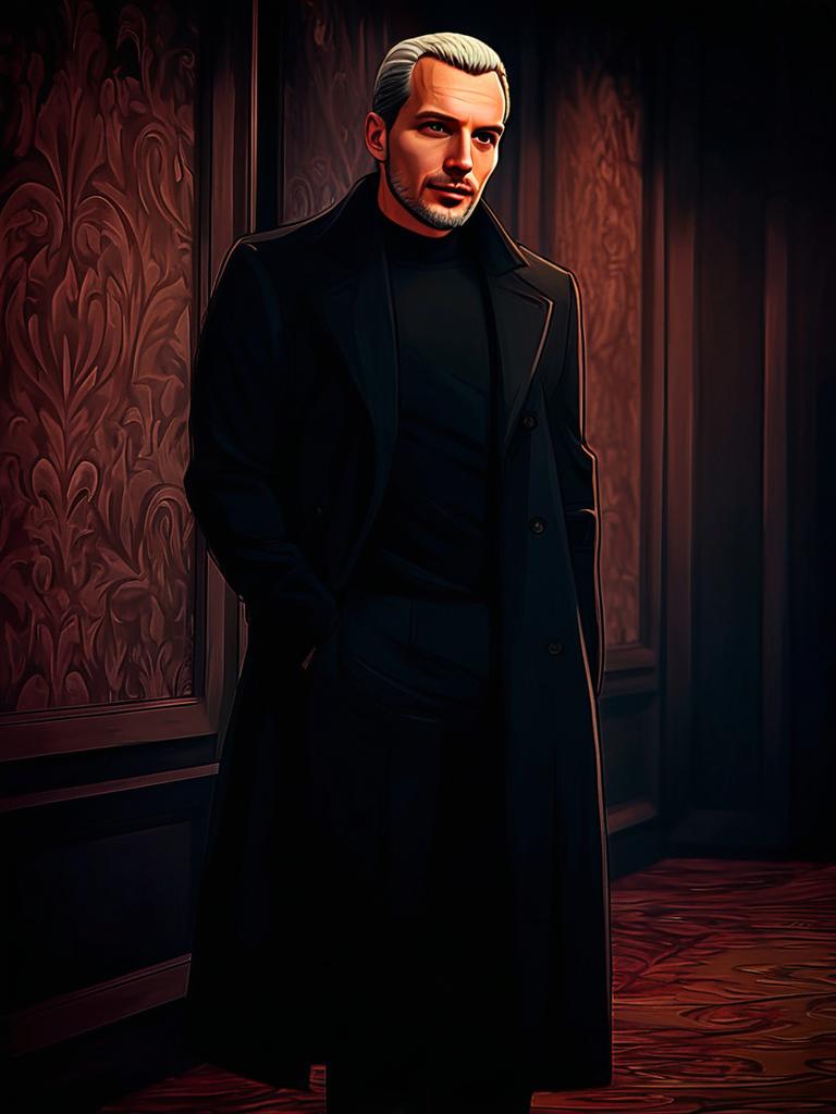 Confident Man in Black Coat in Richly Decorated Hallway