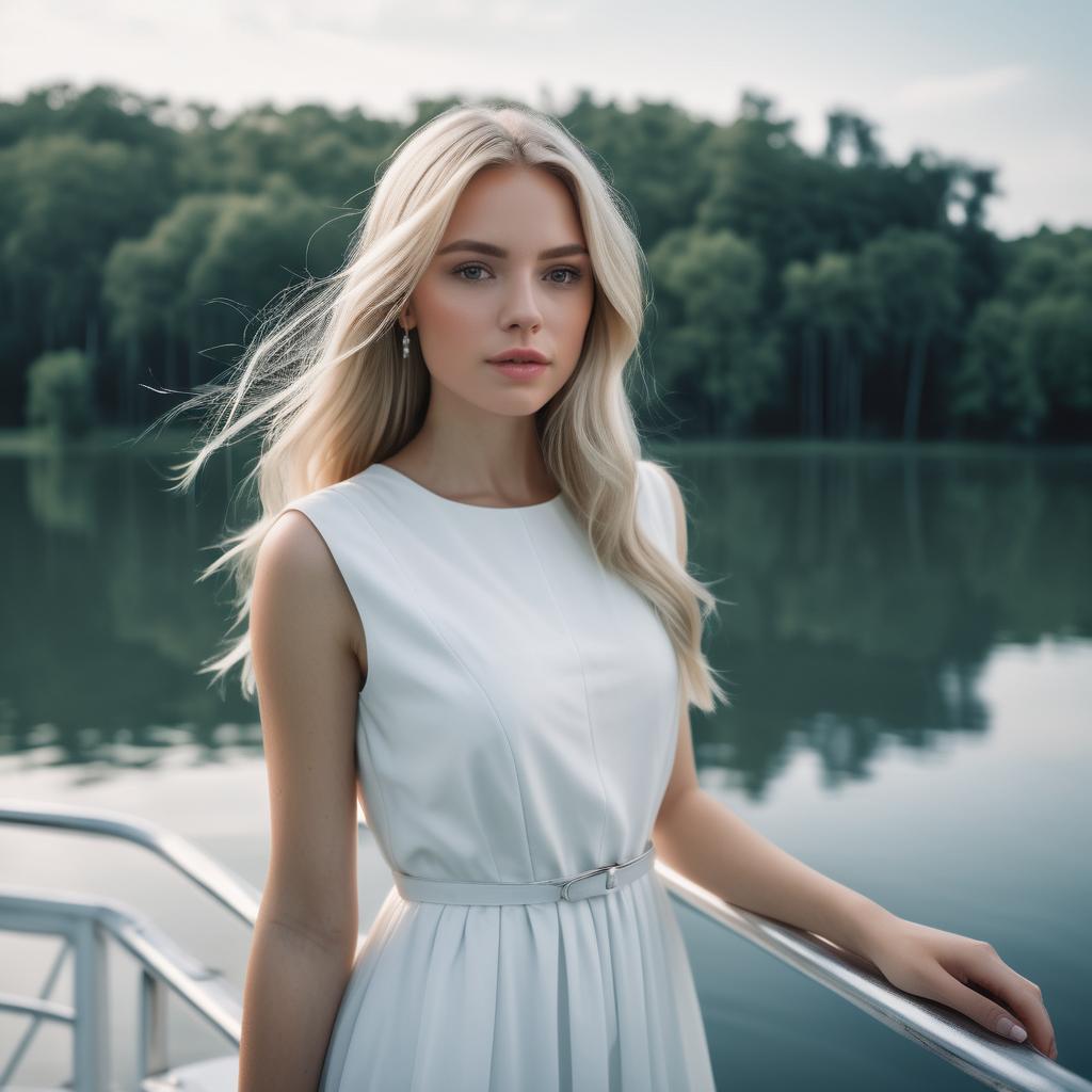 Elegant Blonde Woman in White Dress by Lake on Boat