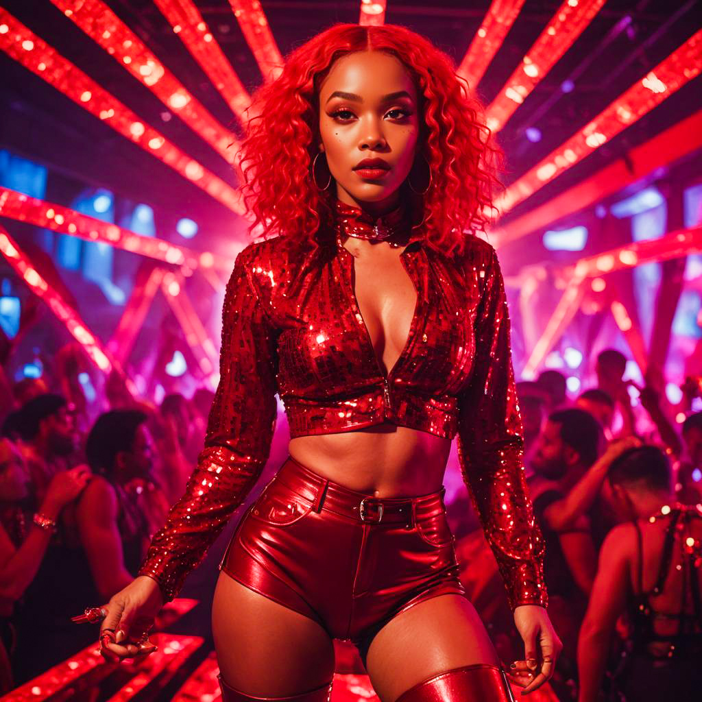 Woman in Red Sequined Outfit at Vibrant Nightclub Party