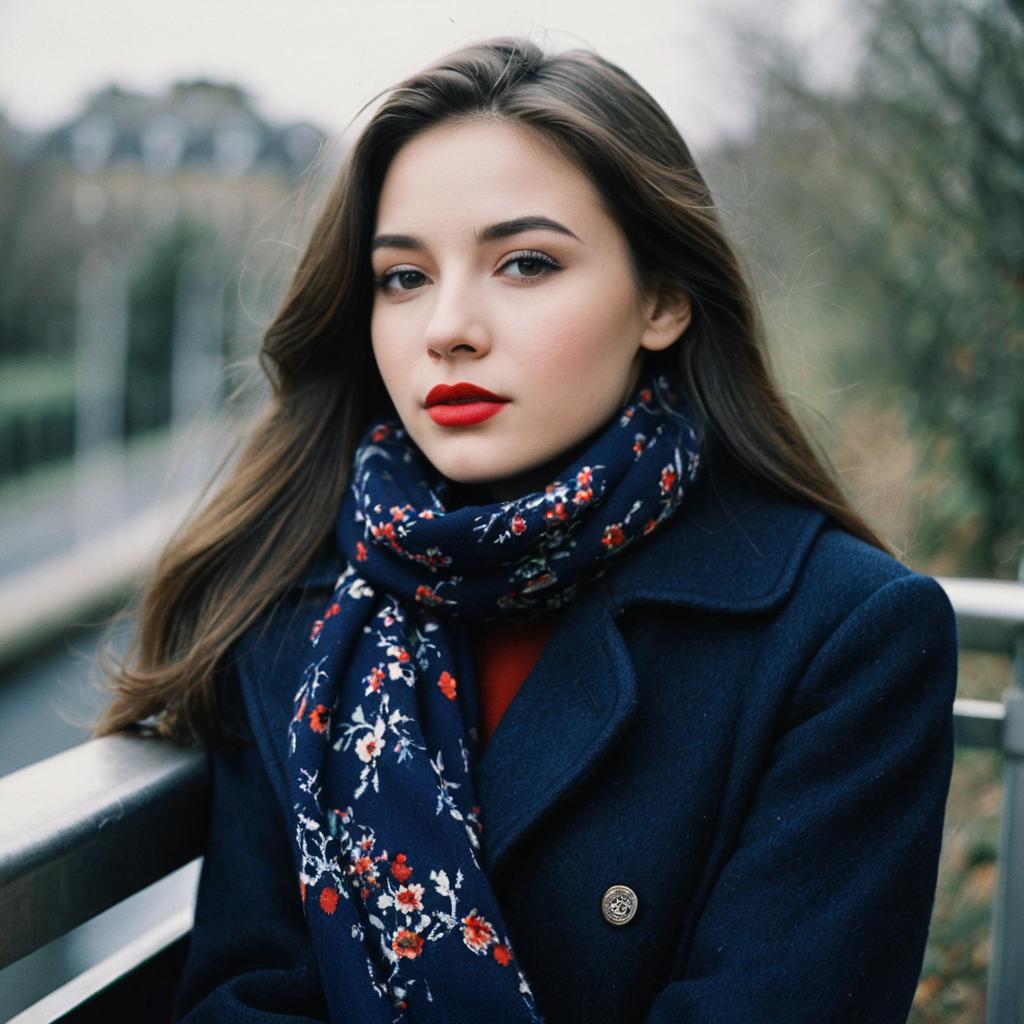 Elegant Woman in Navy Blue Coat with Floral Scarf Outdoor Portrait