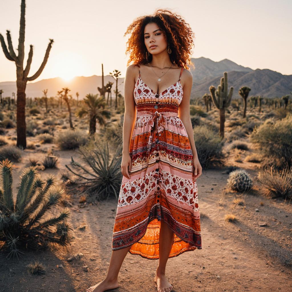 Bohemian Woman in Colorful Dress Standing in Desert at Sunset