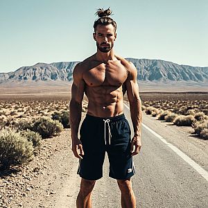 Muscular Man in Desert Landscape