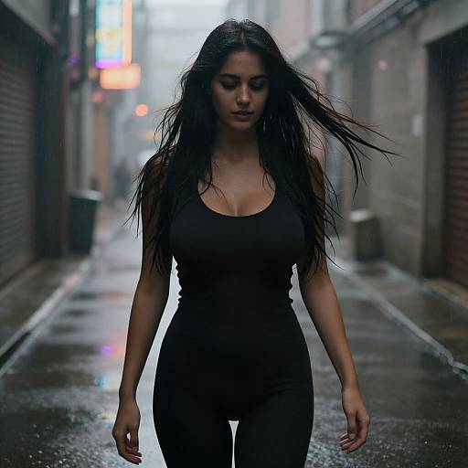 Woman Walking in Rainy Urban Alley Wearing Black Outfit