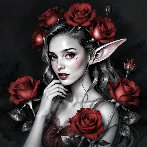 Fantasy Elf Woman with Red Roses Digital Artwork