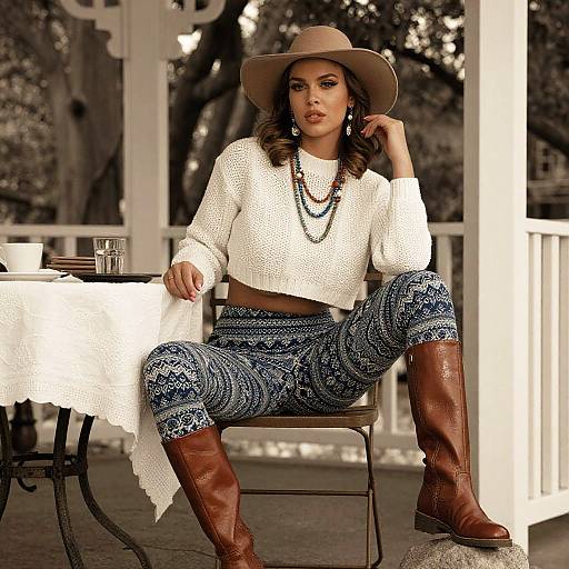 Woman in White Cropped Knit Sweater and Patterned Blue Leggings with Brown Boots
