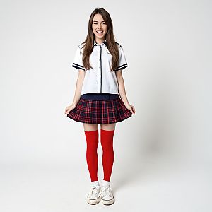 Happy Young Woman in Classic Schoolgirl Outfit with Red Knee-High Socks