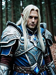 Realistic Arthas Menethil Cosplay Man in Detailed Armor Costume
