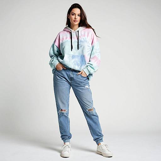 Woman in Pastel Tie-Dye Hoodie and Ripped Jeans Casual Streetwear