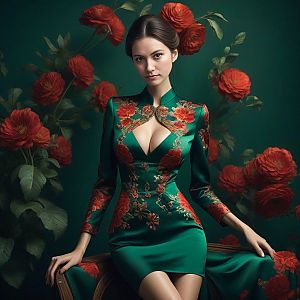 Elegant Woman in Green Dress with Red Floral Embroidery