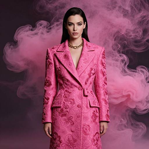 Elegant Woman in Pink Floral Patterned Blazer Coat with Pink Smoke Background