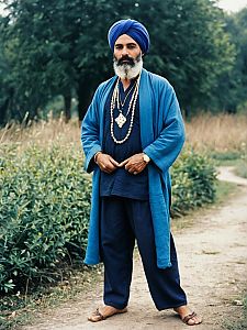 Man in Blue Turban and Traditional Attire Standing Outdoors