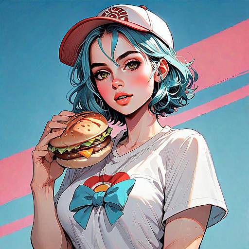 Anime Style Young Woman with Blue Hair Holding Cheeseburger Digital Illustration