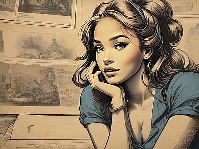 Thoughtful Woman Amid Historical Sketches