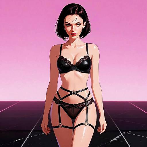 Stylish Woman in Black Lingerie with Harness Straps on Pink Background