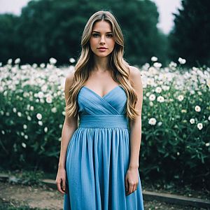 Young Woman in Blue Maxi Dress Among White Flowers