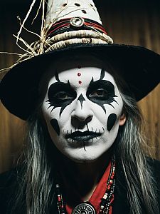 Woman in Voodoo Witch Doctor Costume with Tribal Face Paint and Large Hat