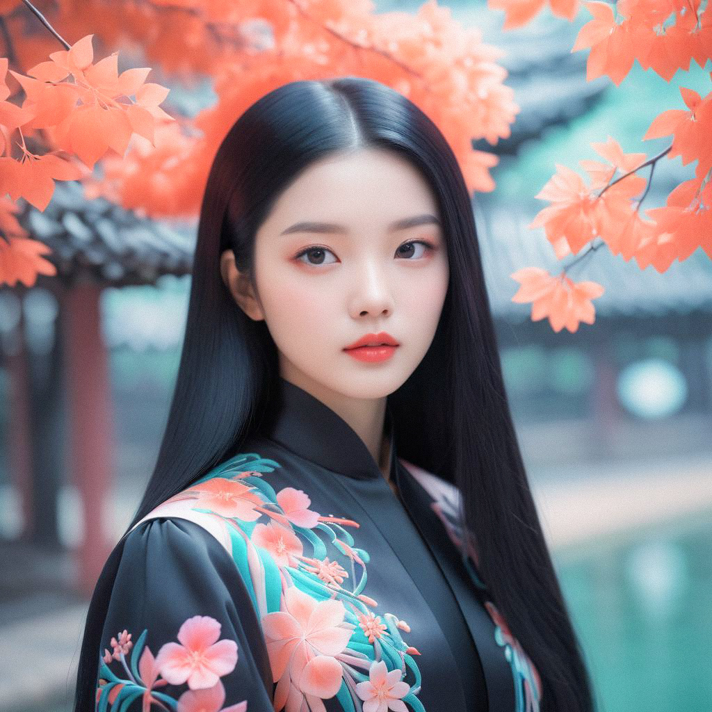 Portrait of Young Woman in Floral Black Garment