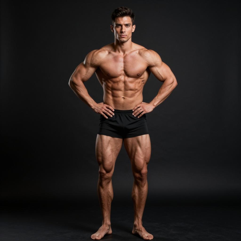 Muscular Fit Man Posing in Black Shorts on Dark Background