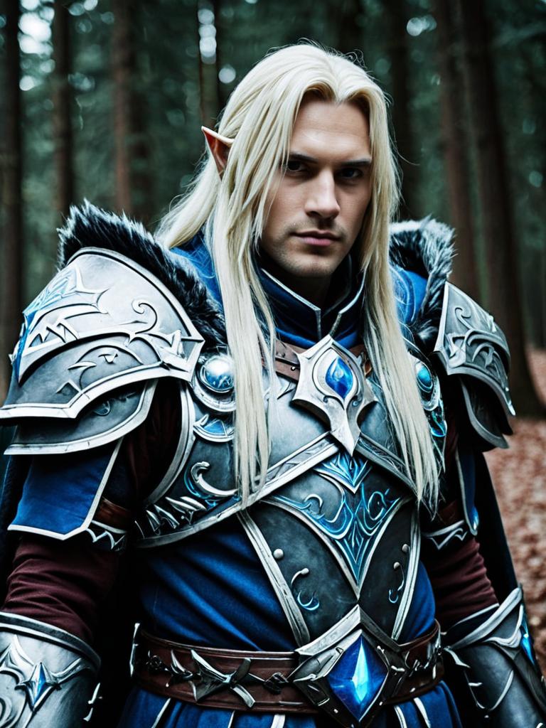 Realistic Arthas Menethil Cosplay Man in Detailed Armor Costume