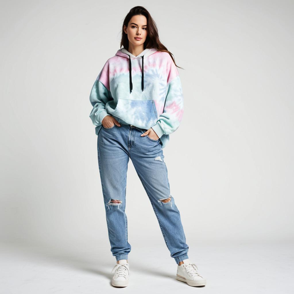 Woman in Pastel Tie-Dye Hoodie and Ripped Jeans Casual Streetwear