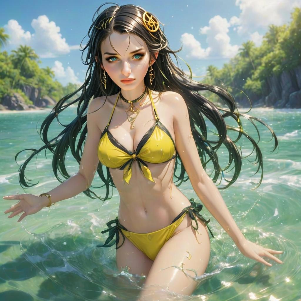 Woman in Yellow Bikini at Tropical Beach