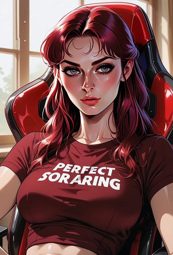 Confident Woman in Red Gaming Chair Confident Woman in Red Gaming Chair