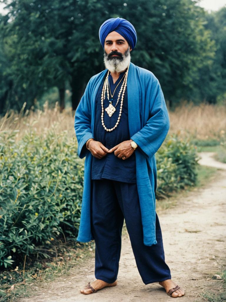 Man in Blue Turban and Traditional Attire Standing Outdoors