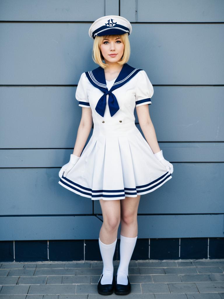 Young Woman in White Navy Sailor Uniform Standing by Gray Wall