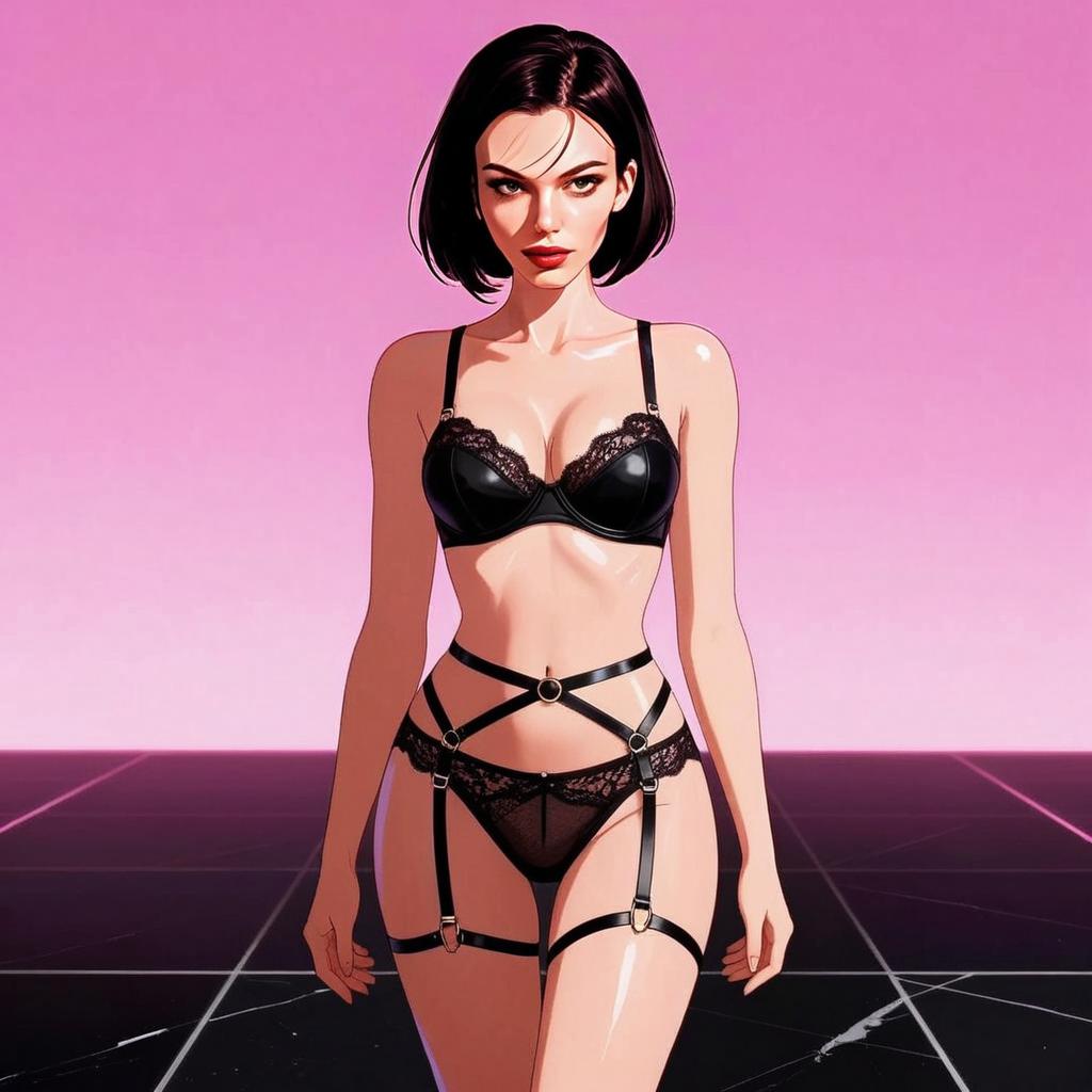 Stylish Woman in Black Lingerie with Harness Straps on Pink Background