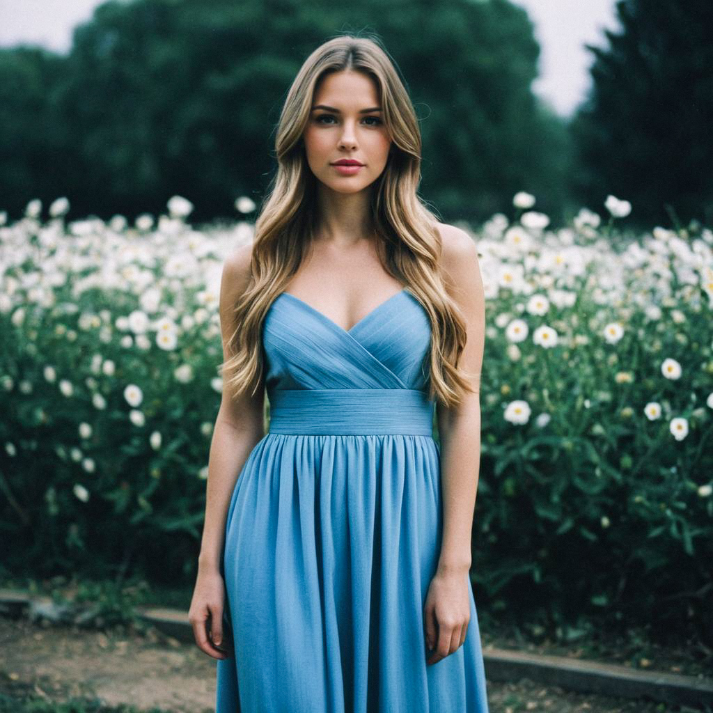 Young Woman in Blue Maxi Dress Among White Flowers Young Woman in Blue Maxi Dress Among White Flowers