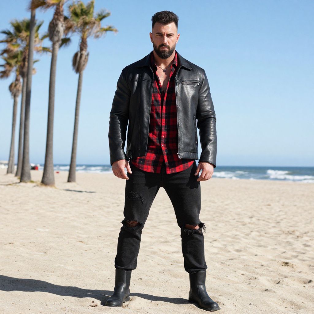 Man Wearing Black Leather Jacket and Red Checkered Shirt on Beach