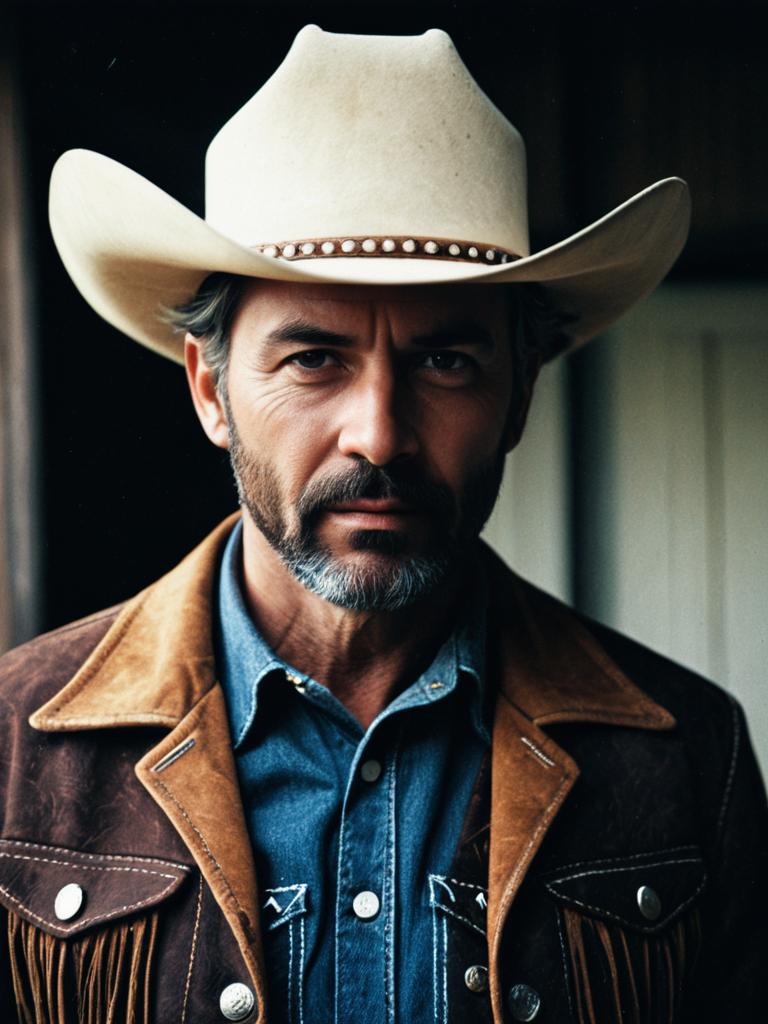 Cinematic Realism Portrait of Man in Cowboy Costume with Denim and Fringe Jacket