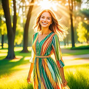 Cheerful woman in striped dress in sunlit park