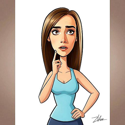 Thoughtful Young Woman Cartoon Illustration in Blue Tank Top