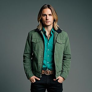 Stylish Young Man in Green Jacket and Teal Shirt Realistic Portrait