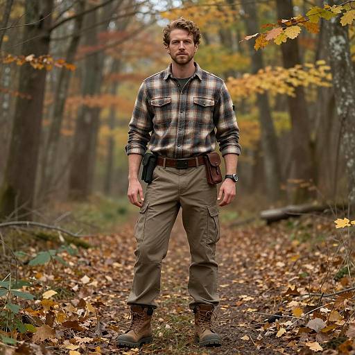 Man in Plaid Shirt Standing on Forest Path in Autumn