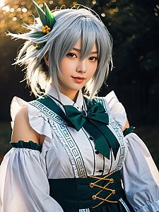 Realistic Cosplay of Sakuya Izayoi Woman in White and Green Costume