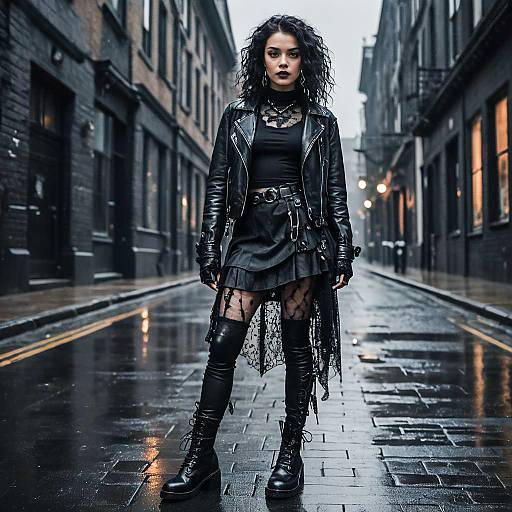 Gothic Woman in Black Leather Outfit on Wet City Street