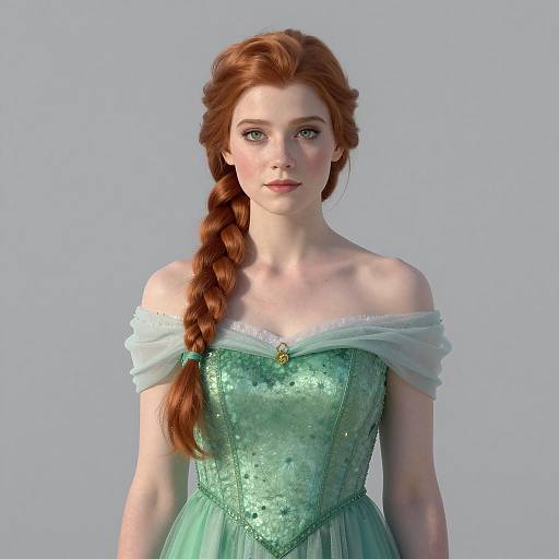 Red Haired Woman in Elegant Off-Shoulder Green Gown with Braid