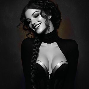 Stylish Black and White Portrait of Smiling Woman with Long Braid