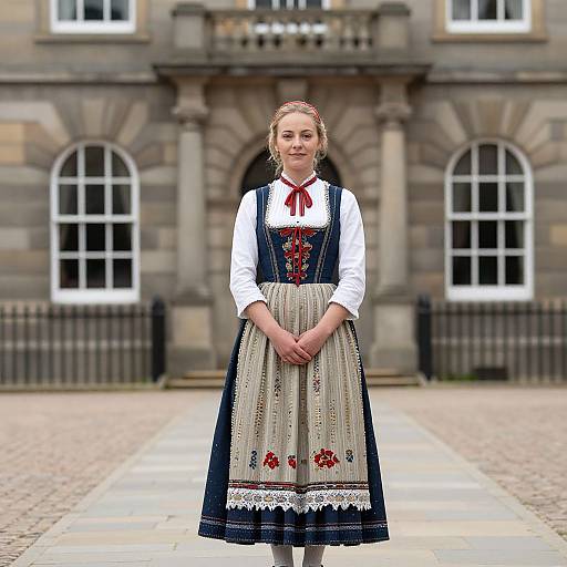 Woman in Traditional Embroidered Folk Costume Standing Outdoors