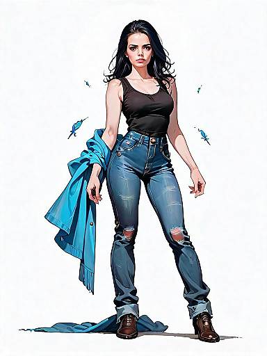 Realistic Comic Style Full-Body Portrait of Woman in Casual Outfit with Blue Jacket